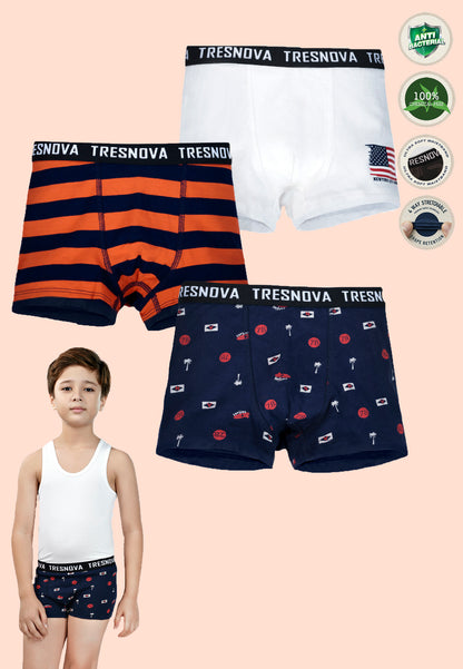 TRESNOVA Cotton Anti-microbial Finish & Smart Waistband Technology USA flag Printed Soft Boxer Briefs Pack of 3 -Navy, Orange White