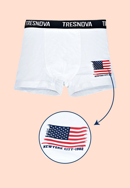TRESNOVA Cotton Anti-microbial Finish & Smart Waistband Technology USA flag Printed Soft Boxer Briefs Pack of 3 -Navy, Orange White