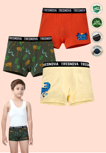 TRESNOVA Cotton Anti-microbial Finish & Smart Waistband Technology Dinosaur Printed Soft Boxer Briefs Pack of 3 -Green, Orange, Yellow