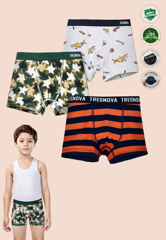 TRESNOVA Cotton Anti-microbial Finish & Smart Waistband Technology Camouflage Printed Soft Boxer Briefs Pack of 3 -Grey, Green, Orange