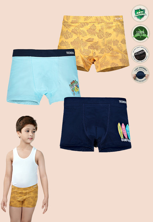 TRESNOVA Cotton Anti-microbial Finish & Smart Waistband Technology Leaf Printed Soft Boxer Briefs Pack of 3 -Yellow, Blue, Navy