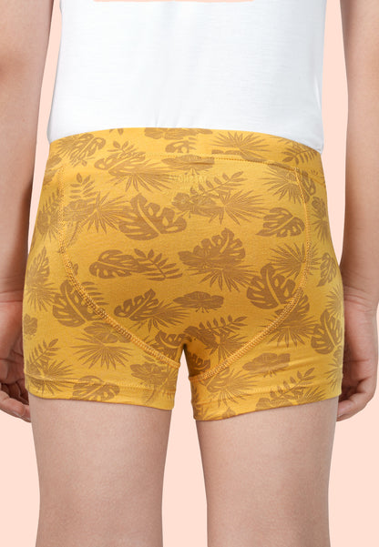 TRESNOVA Cotton Anti-microbial Finish & Smart Waistband Technology Leaf Printed Soft Boxer Briefs Pack of 3 -Yellow, Blue, Navy