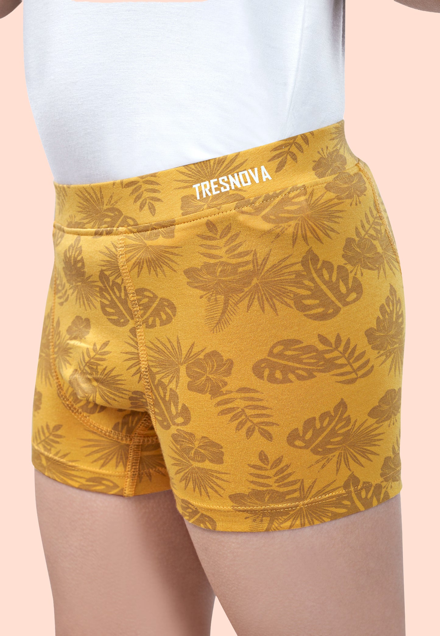 TRESNOVA Cotton Anti-microbial Finish & Smart Waistband Technology Leaf Printed Soft Boxer Briefs Pack of 3 -Yellow, Blue, Navy