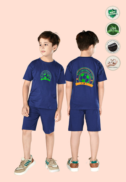 Tresnova Cotton Knit Half Sleeves Antimicrobial Finish Football Printed Oversized Drop Shoulder T-shirt And Shorts Set-Navy Blue
