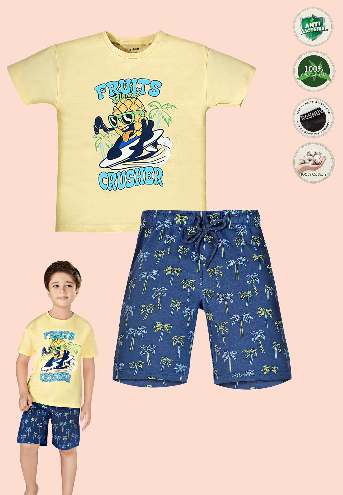 Tresnova Cotton Knit Half Sleeves Antimicrobial Finish Fruits Printed Oversized Drop Shoulder T-shirt And Shorts Set-Yellow, Navy