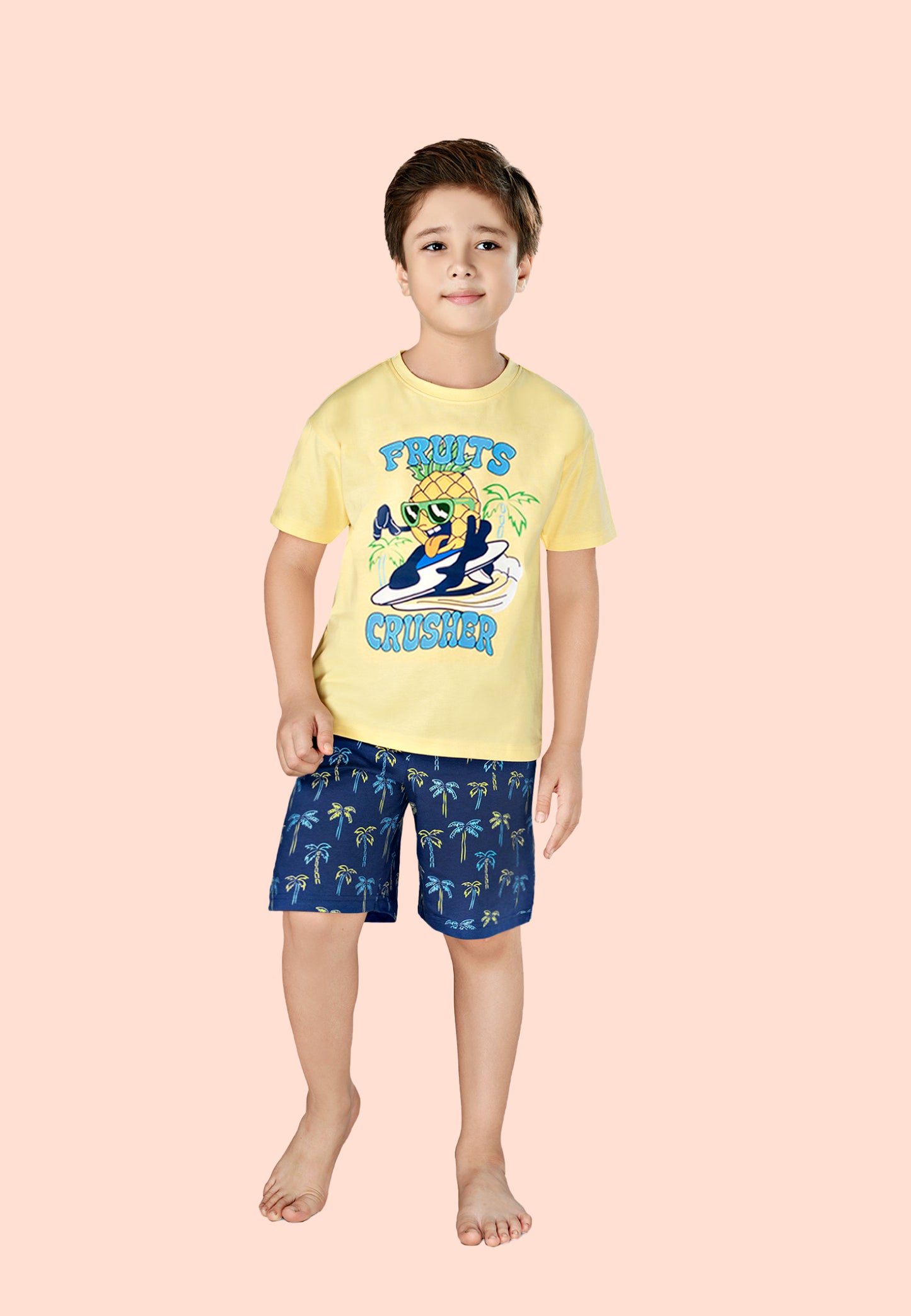 Tresnova Cotton Knit Half Sleeves Antimicrobial Finish Fruits Printed Oversized Drop Shoulder T-shirt And Shorts Set-Yellow, Navy