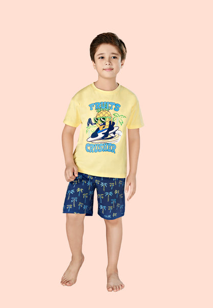 Tresnova Cotton Knit Half Sleeves Antimicrobial Finish Fruits Printed Oversized Drop Shoulder T-shirt And Shorts Set-Yellow, Navy