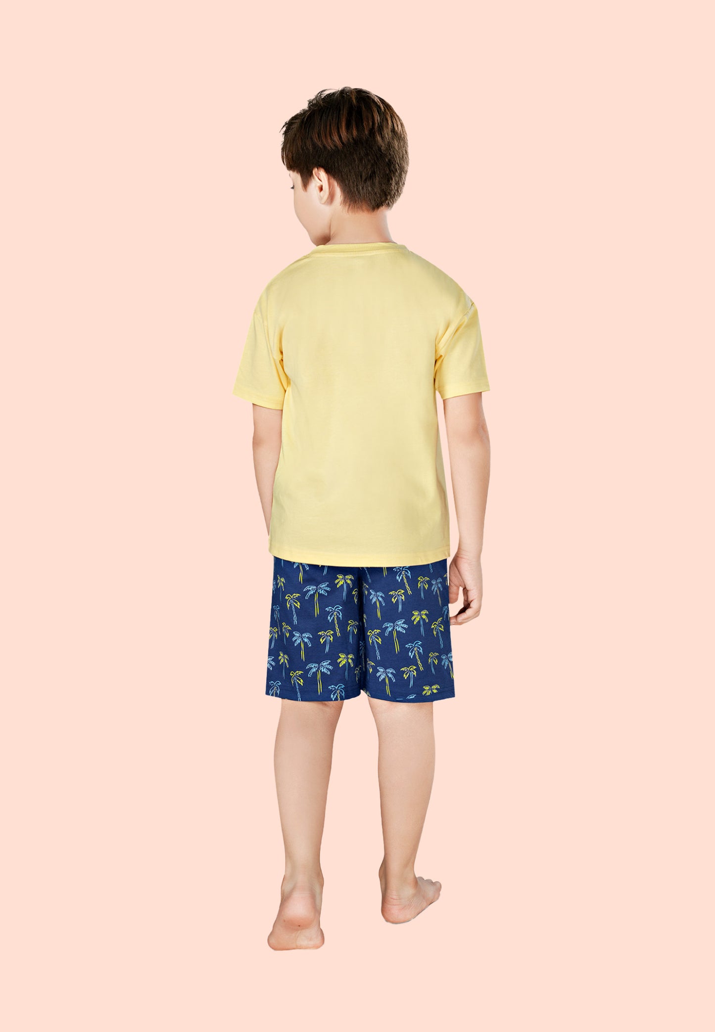 Tresnova Cotton Knit Half Sleeves Antimicrobial Finish Fruits Printed Oversized Drop Shoulder T-shirt And Shorts Set-Yellow, Navy