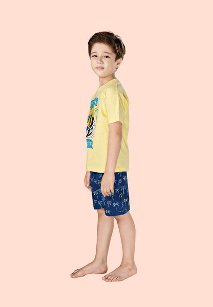Tresnova Cotton Knit Half Sleeves Antimicrobial Finish Fruits Printed Oversized Drop Shoulder T-shirt And Shorts Set-Yellow, Navy