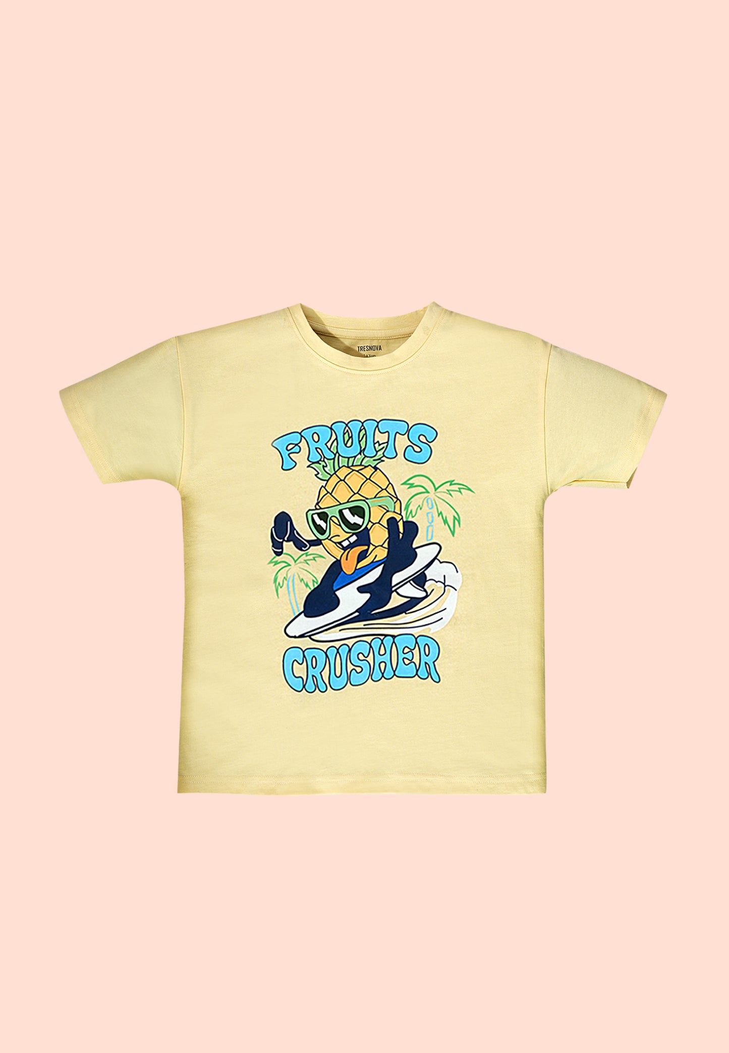 Tresnova Cotton Knit Half Sleeves Antimicrobial Finish Fruits Printed Oversized Drop Shoulder T-shirt And Shorts Set-Yellow, Navy