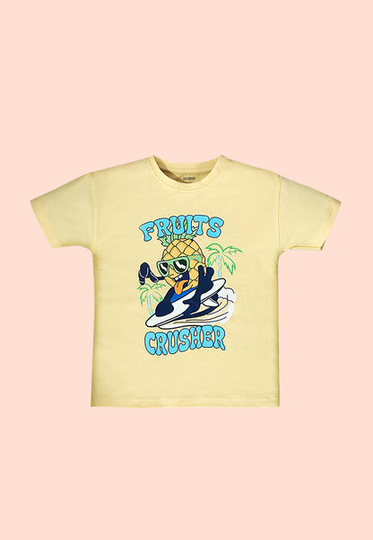 Tresnova Cotton Knit Half Sleeves Antimicrobial Finish Fruits Printed Oversized Drop Shoulder T-shirt And Shorts Set-Yellow, Navy