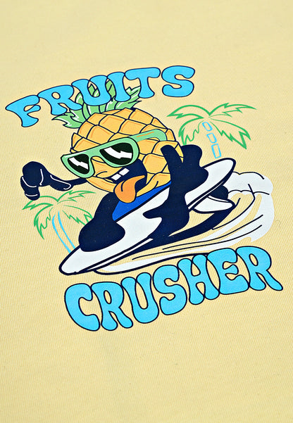 Tresnova Cotton Knit Half Sleeves Antimicrobial Finish Fruits Printed Oversized Drop Shoulder T-shirt And Shorts Set-Yellow, Navy