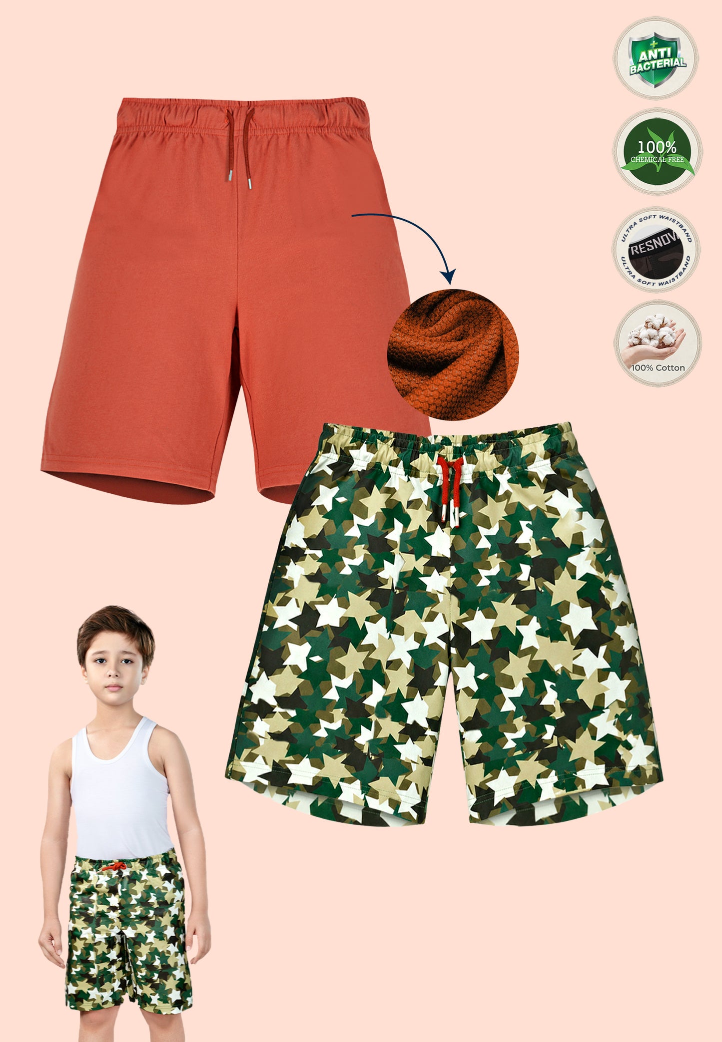 TRESNOVA Cotton Anti-Microbial & Smart Waistband Technology Camoflague Printed  Soft Shorts Pack of 2- Green & Orange