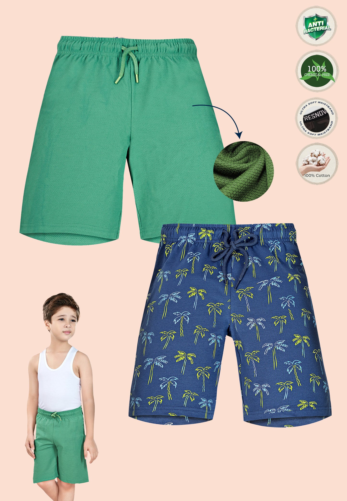 TRESNOVA Cotton Anti-Microbial & Smart Waistband Technology Leaf Printed  Soft Shorts Pack of 2- Navy & Green
