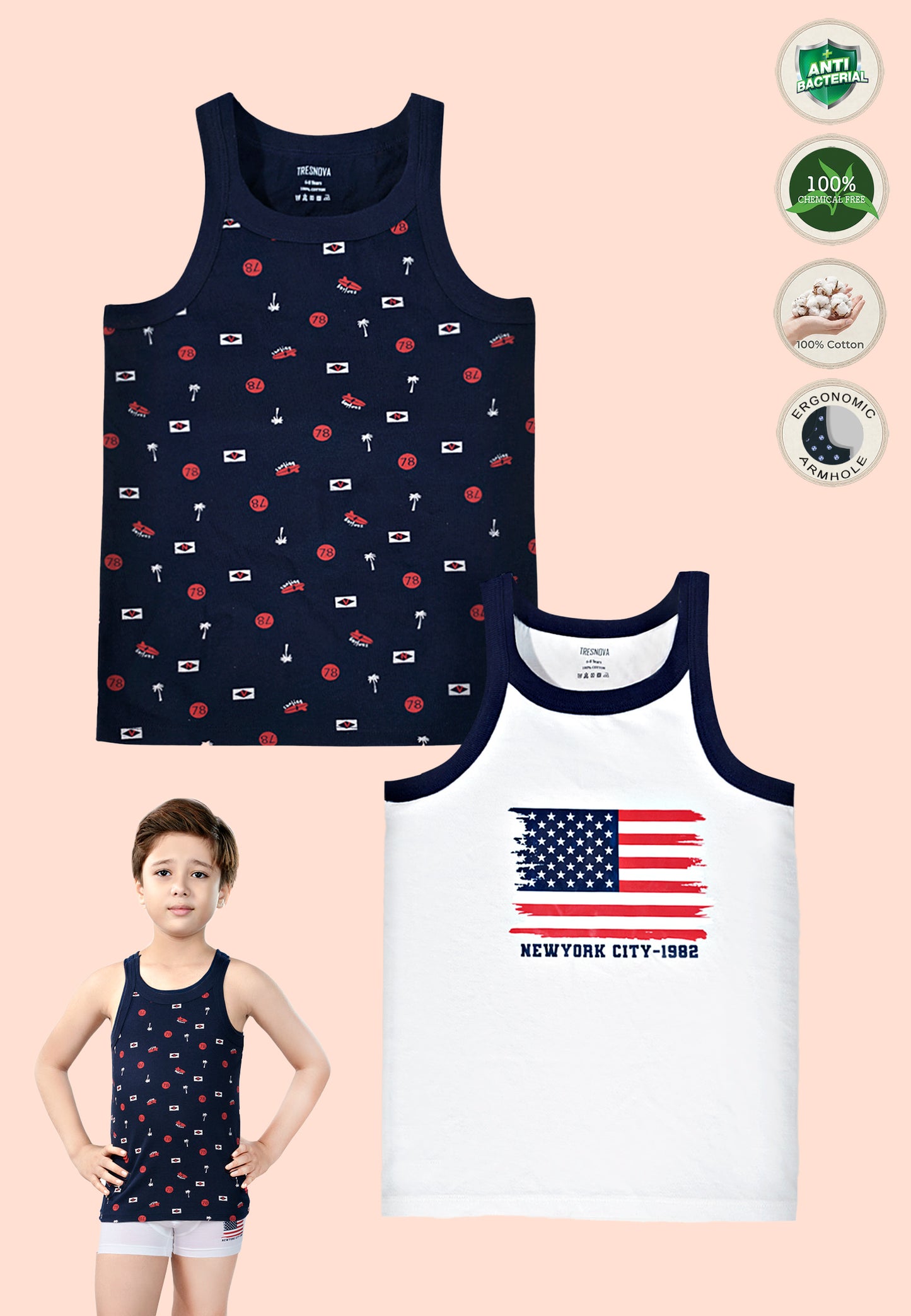 TRESNOVA Cotton  Anti-microbial Finish & Advanced ergonomic armhole technology Varsity Printed Soft Gym Vest Pack of 2 -Navy, White