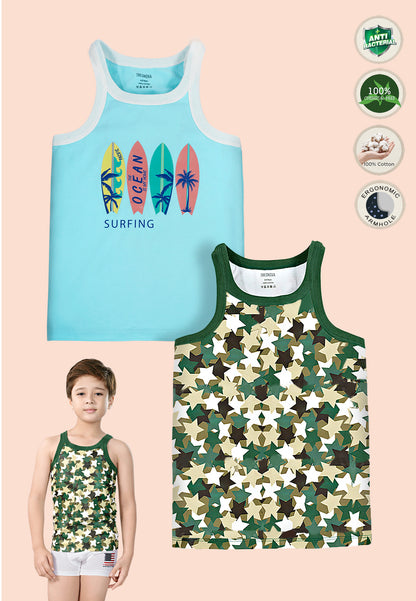 TRESNOVA Cotton  Anti-microbial Finish & Advanced ergonomic armhole technology Camflague printed Soft Gym Vest Pack of 2 -Green, Blue