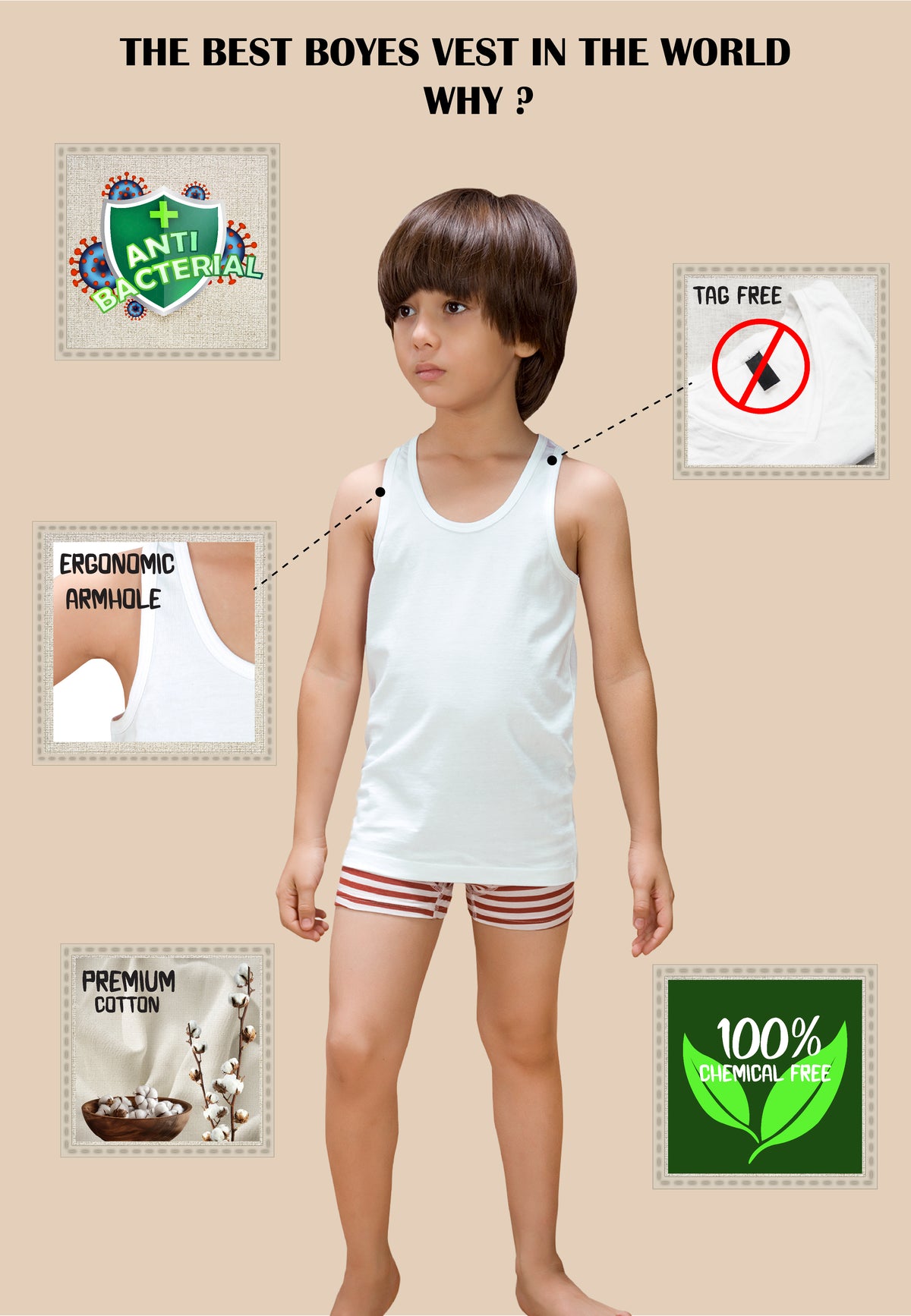 Soft Cotton Gym Vests for Boys ( Pack of 2) |  Anti-Bacterial Chemical Free Kids Underwear | Ages 2-16Y