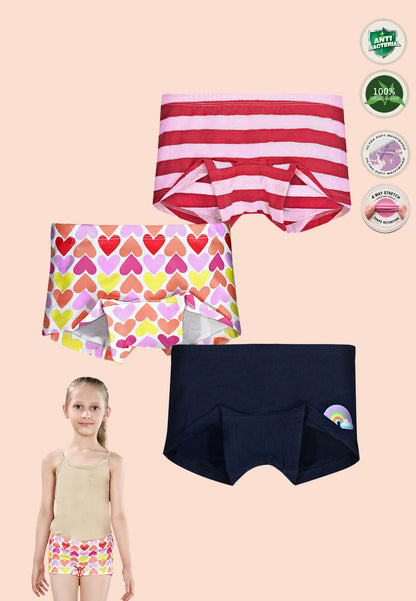 TRESNOVA Cotton Lycra Anti-microbial Finish & Smart Waistband Technology Heart Printed Soft Boxer PantiesPack of 3 - White, Red, Navy