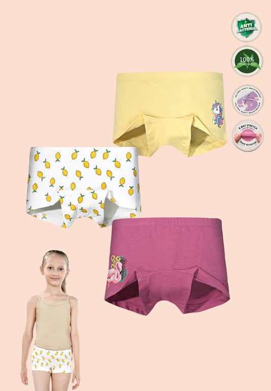 TRESNOVA Cotton Lycra Anti-microbial Finish & Smart Waistband Technology Fruits Printed Soft Boxer PantiesPack of 3 - White,Pink , Yellow