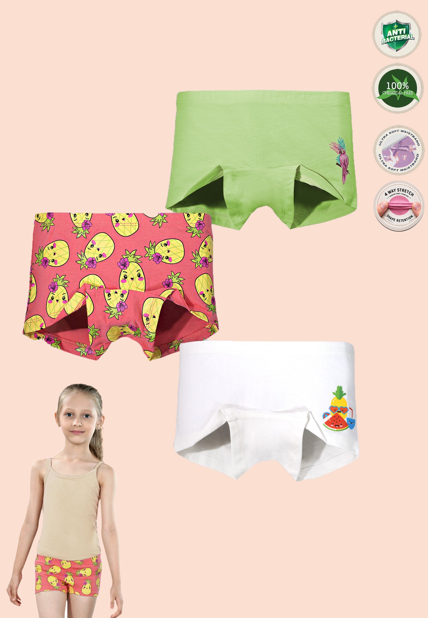 TRESNOVA Cotton Lycra Anti-microbial Finish & Smart Waistband Technology Fruits Printed Soft Boxer PantiesPack of 3 - Orange,Green ,White