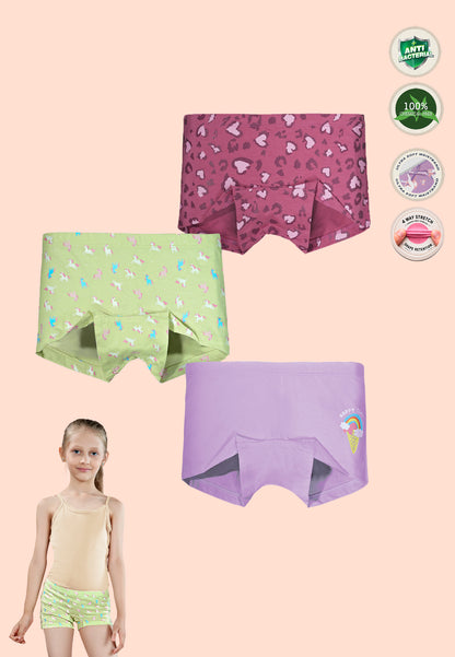 TRESNOVA Cotton Lycra Anti-microbial Finish & Smart Waistband Technology Unicorn Printed Soft Boxer PantiesPack of 3 - Green, Pink , Lavender