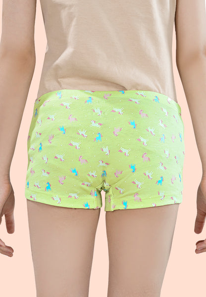 TRESNOVA Cotton Lycra Anti-microbial Finish & Smart Waistband Technology Unicorn Printed Soft Boxer PantiesPack of 3 - Green, Pink , Lavender