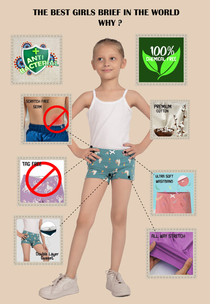 TRESNOVA Cotton Lycra Anti-microbial Finish & Smart Waistband Technology Unicorn Printed Soft Boxer PantiesPack of 3 - Green, Pink , Lavender