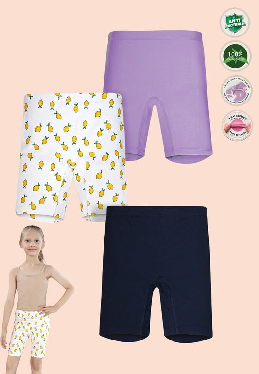 TRESNOVA Cotton Lycra Anti-microbial Finish & Smart Waistband Technology Fruits Printed Soft Cycling shorts Pack of 3 -  White, Lavender, Navy