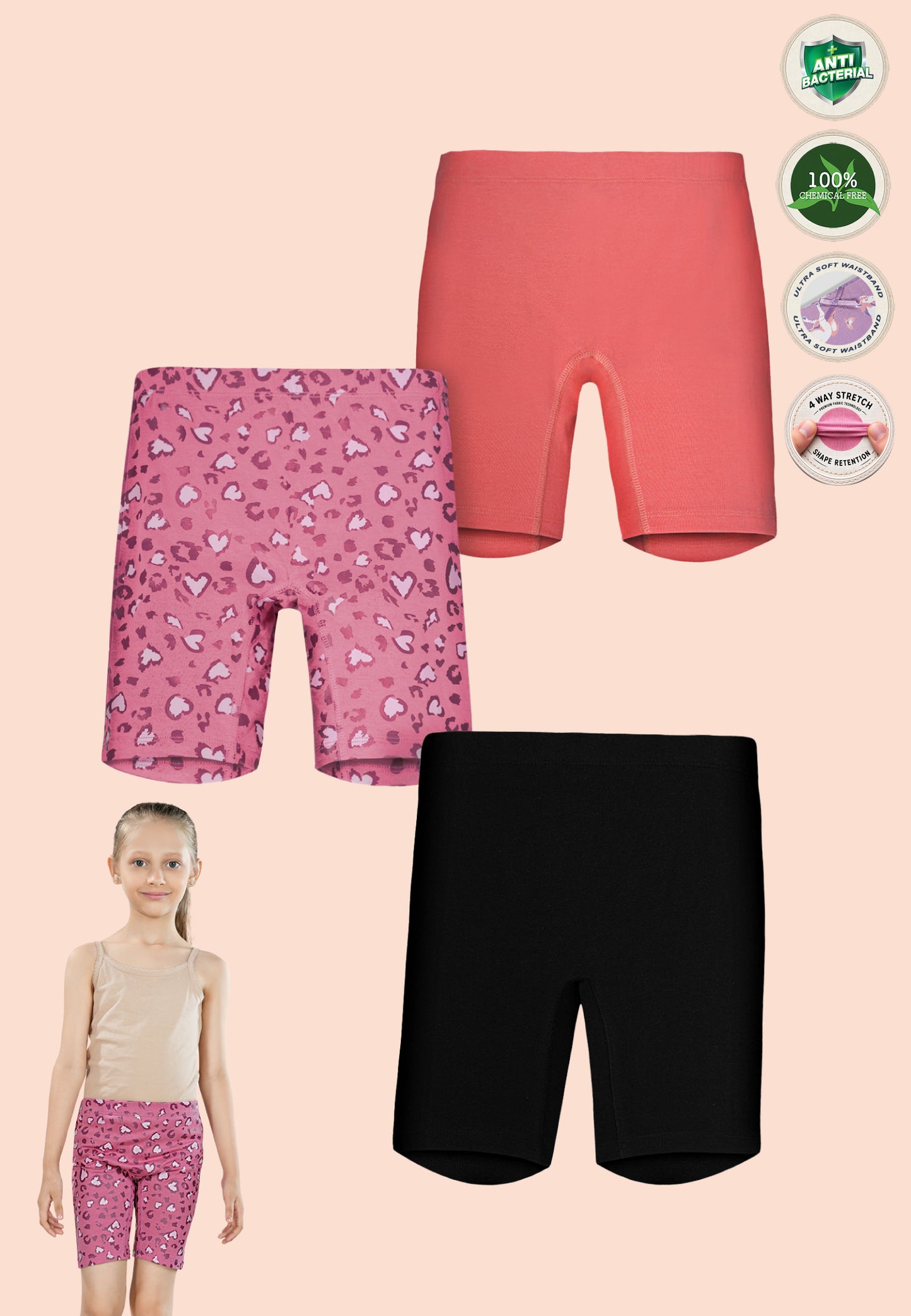 TRESNOVA Cotton Lycra Anti-microbial Finish & Smart Waistband Technology Leopard Printed Soft Cycling shorts Pack of 3 - Pink, Coral,  Black