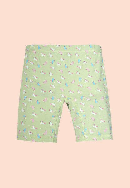 TRESNOVA Cotton Lycra Anti-microbial Finish & Smart Waistband Technology Unicorn Printed Soft Cycling shorts Pack of 3 - Green, Pink, Beige