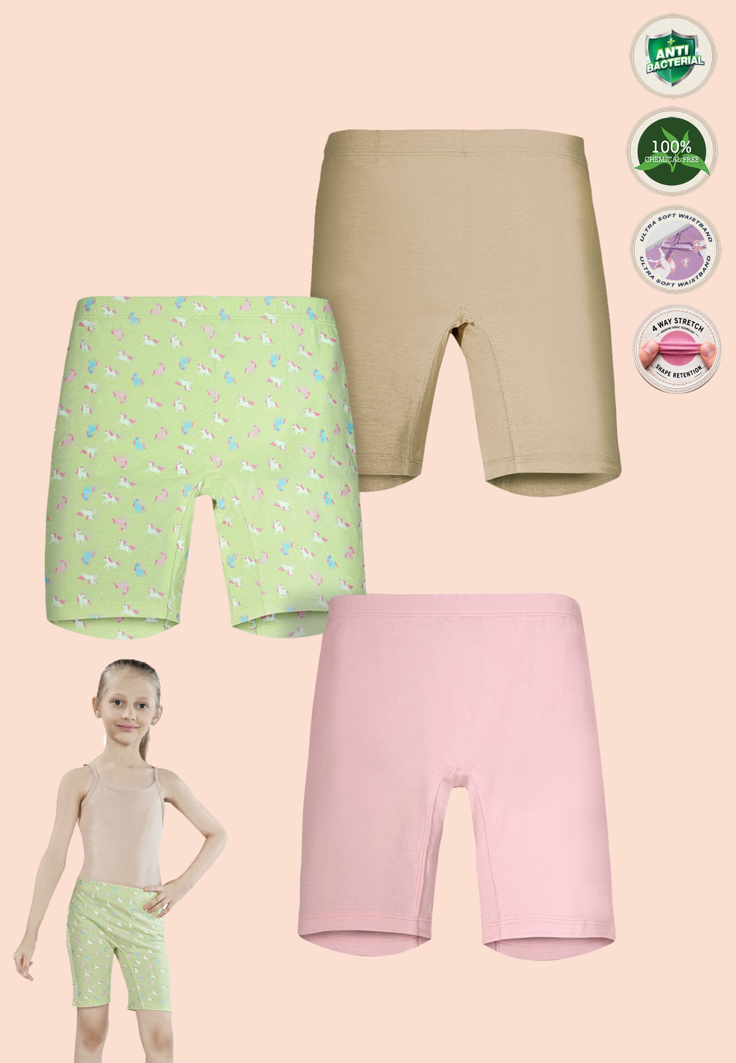 TRESNOVA Cotton Lycra Anti-microbial Finish & Smart Waistband Technology Unicorn Printed Soft Cycling shorts Pack of 3 - Green, Pink, Beige