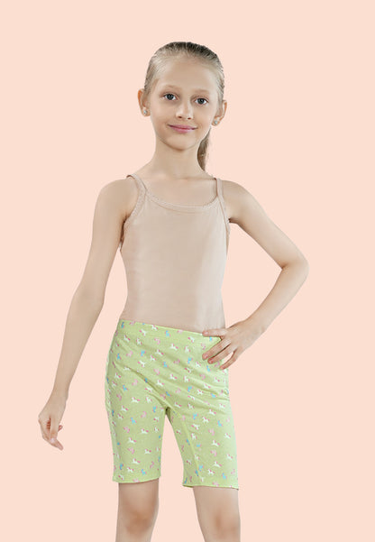 TRESNOVA Cotton Lycra Anti-microbial Finish & Smart Waistband Technology Unicorn Printed Soft Cycling shorts Pack of 3 - Green, Pink, Beige