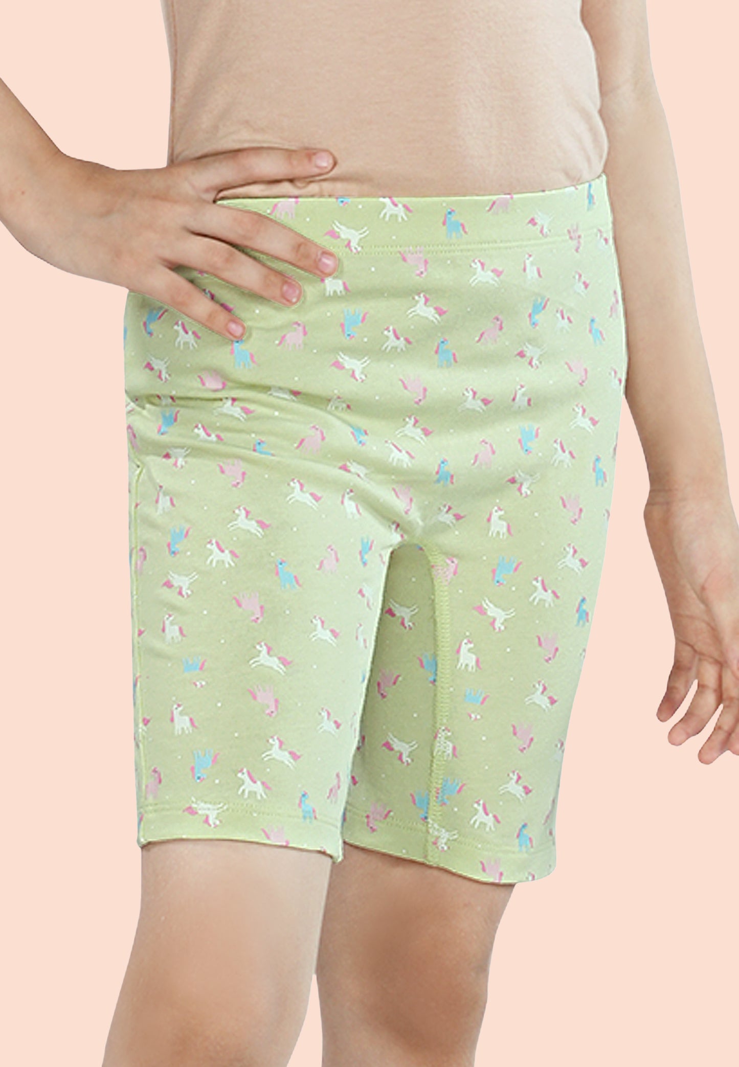 TRESNOVA Cotton Lycra Anti-microbial Finish & Smart Waistband Technology Unicorn Printed Soft Cycling shorts Pack of 3 - Green, Pink, Beige