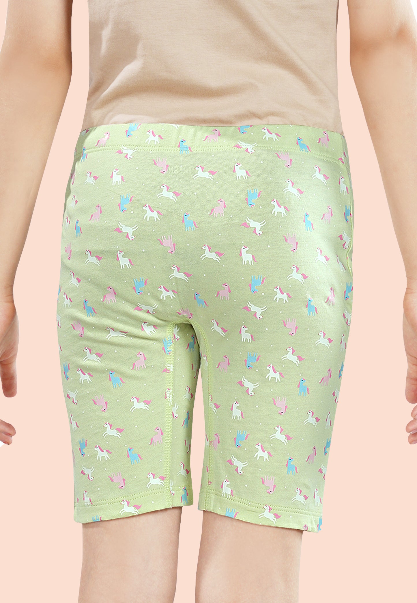 TRESNOVA Cotton Lycra Anti-microbial Finish & Smart Waistband Technology Unicorn Printed Soft Cycling shorts Pack of 3 - Green, Pink, Beige
