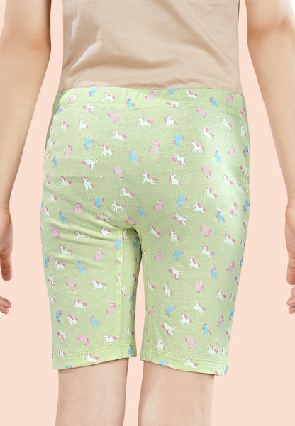 TRESNOVA Cotton Lycra Anti-microbial Finish & Smart Waistband Technology Unicorn Printed Soft Cycling shorts Pack of 3 - Green, Pink, Beige