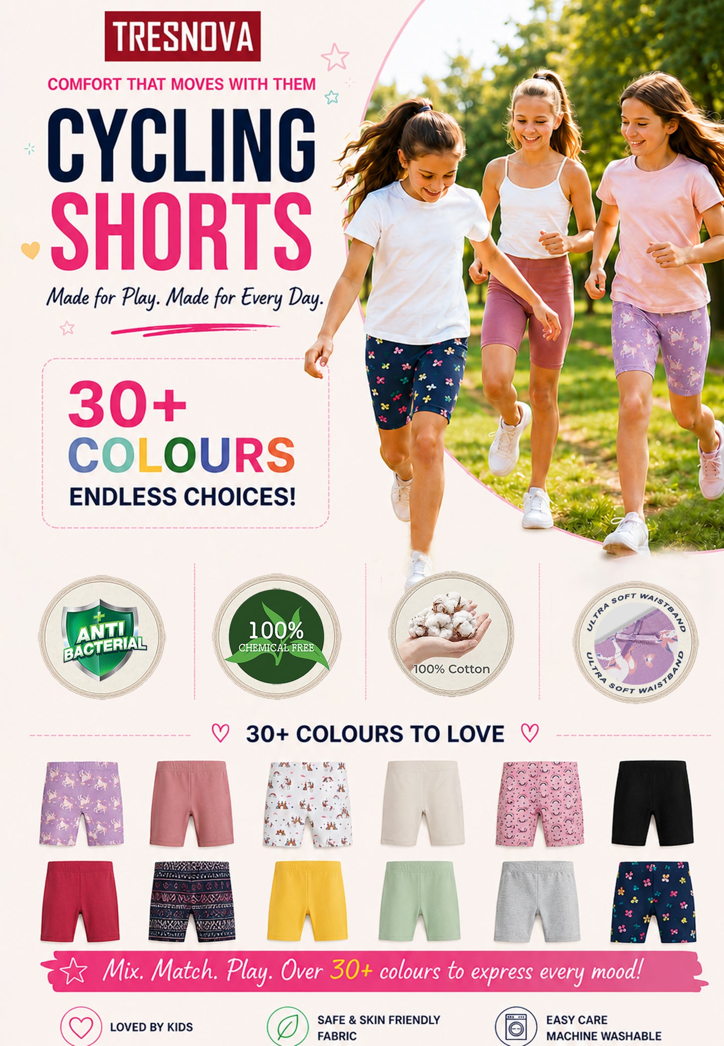 Soft Cotton Cycling shorts For Girls ( Pack of 3) | Anti-bacterial Kids Innershorts | Ages 2-16Y (Copy)