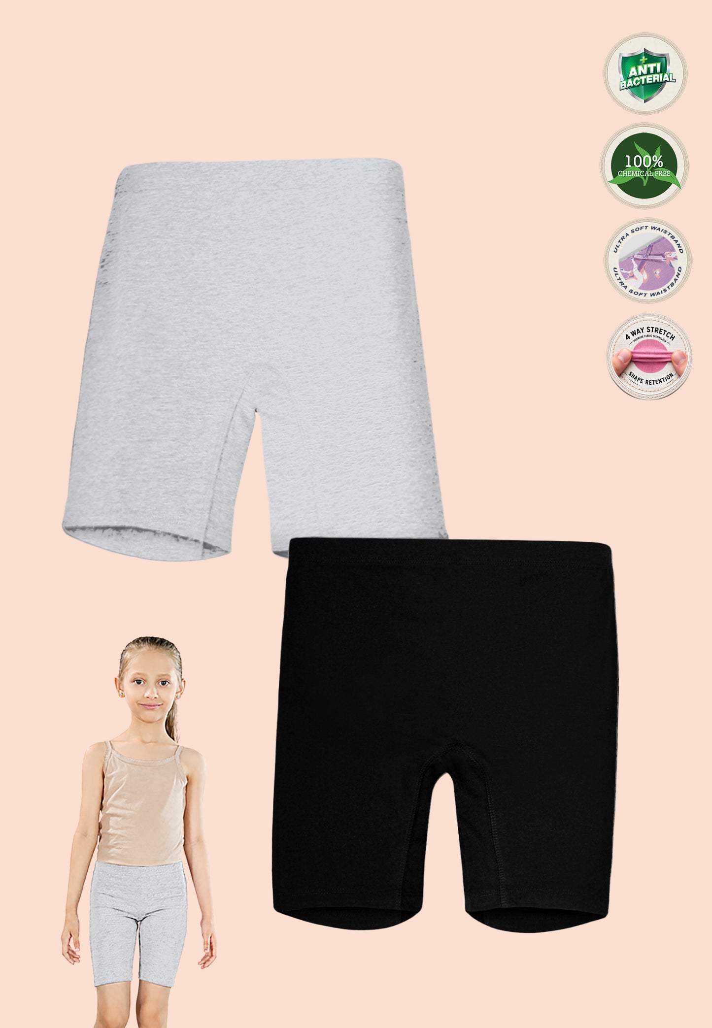 TRESNOVA Cotton Lycra Anti-microbial Finish & Smart Waistband Technology Solid School essentials Soft Cycling shorts Pack of 3 -Grey, Black