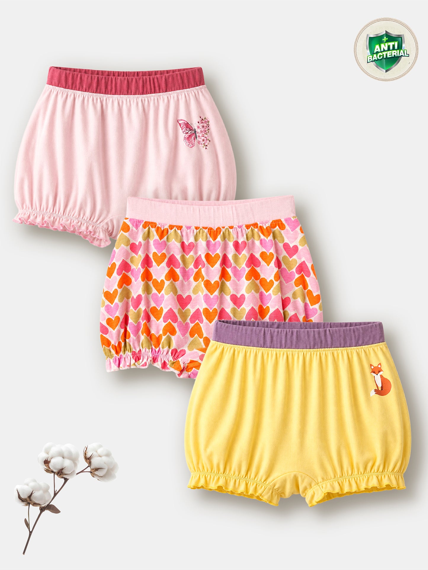 Soft Cotton Bloomer Panties For Girls ( Pack of 3) | Anti-Bacterial Kids Underwear | Ages 2-12Y Lycra Anti-microbial Finish & Smart Waistband Technology Heart Printed Soft Boxer PantiesPack of 3 - White, Red, Navy (Copy)