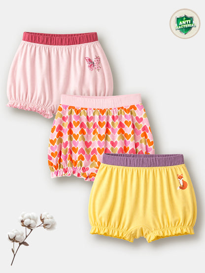Soft Cotton Bloomer Panties For Girls ( Pack of 3) | Anti-Bacterial Kids Underwear | Ages 2-12Y Lycra Anti-microbial Finish & Smart Waistband Technology Heart Printed Soft Boxer PantiesPack of 3 - White, Red, Navy (Copy)