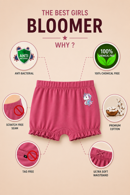 Soft Cotton Bloomer Panties For Girls ( Pack of 3) | Anti-Bacterial Kids Underwear | Ages 2-12Y Lycra Anti-microbial Finish & Smart Waistband Technology Heart Printed Soft Boxer PantiesPack of 3 - White, Red, Navy (Copy)