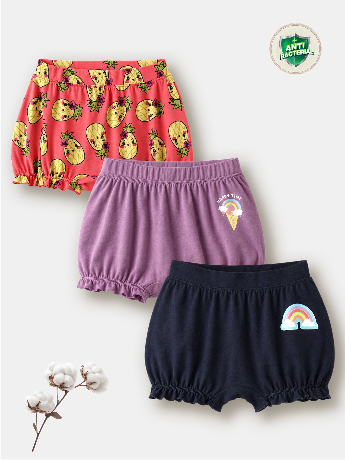 Soft Cotton Bloomer Panties For Girls ( Pack of 3) | Anti-Bacterial Kids Underwear | Ages 2-12Y Lycra Anti-microbial Finish & Smart Waistband Technology Heart Printed Soft Boxer PantiesPack of 3 - White, Red, Navy (Copy) (Copy)