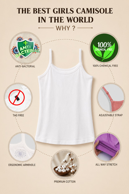 Soft Cotton Camisoles for Girls (Pack of3) | Chemical Free Anti-Bacterial Kids Underwear | Ages 8-16Y (Copy)