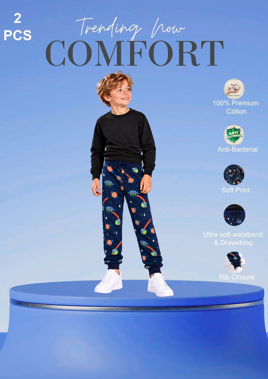 Soft Cotton Joggers for Boys ( Pack of 2) |  Anti-Bacterial Chemical Free Outerwear | Ages 2-16Y