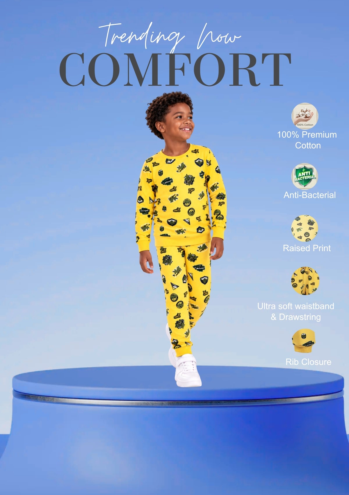 Soft Cotton Pyjama Set for Boys ( 1 Set) |  Anti-Bacterial Chemical Free Nightwear | Ages 2-16Y