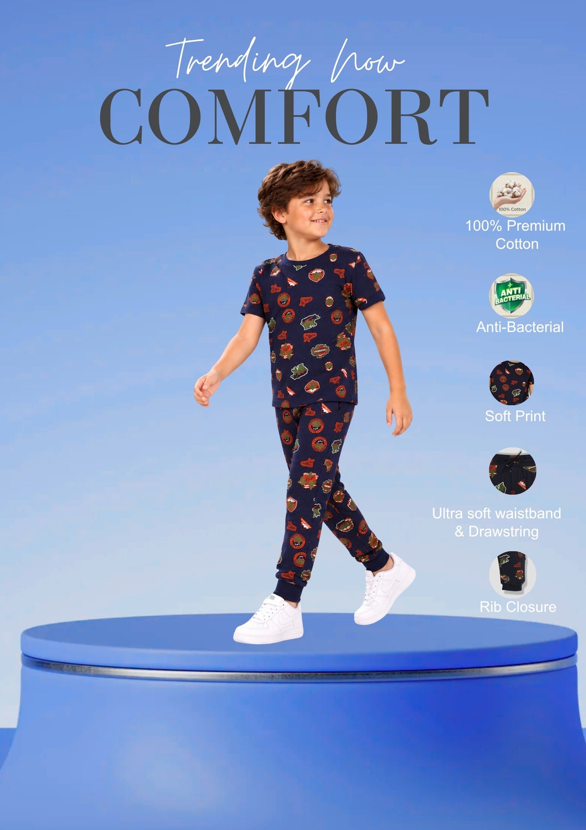 Soft Cotton Pyjama Set for Boys ( 1 Set) |  Anti-Bacterial Chemical Free Nightwear | Ages 2-16Y