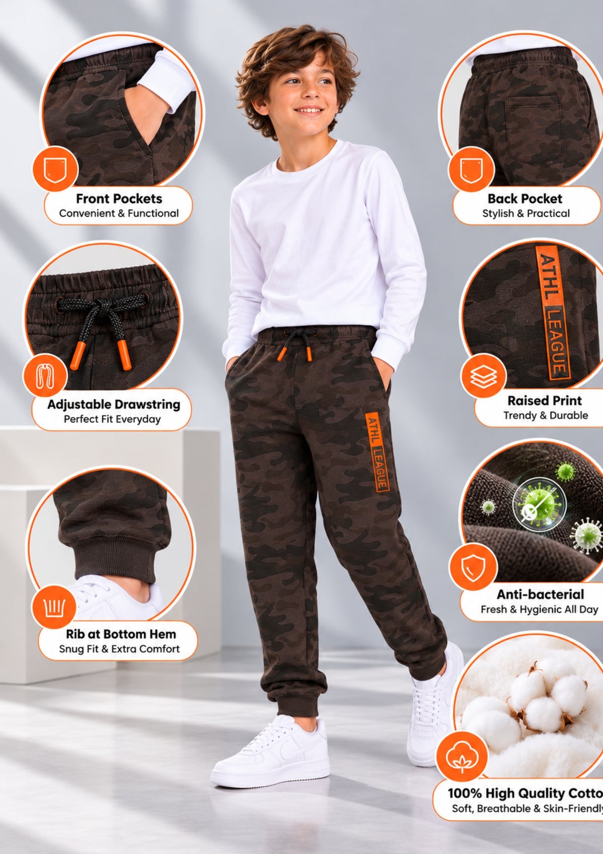 Soft Cotton Fashion Joggers for Boys |  Anti-Bacterial Chemical Free Outerwear | Ages 2-16Y