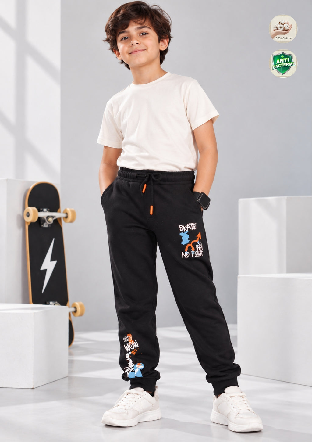 Graffiti Print Boys Joggers – Cotton Terry Lounge Pant-1 Pc, Black