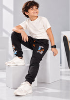 Graffiti Print Boys Joggers – Cotton Terry Lounge Pant-1 Pc, Black