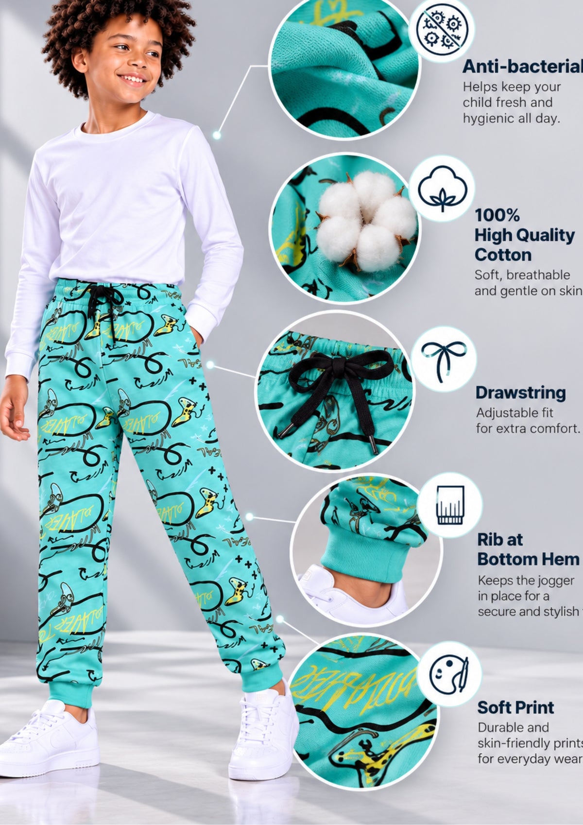 Soft Cotton Joggers for Boys ( Pack of 2) |  Anti-Bacterial Chemical Free Outerwear | Ages 2-16Y