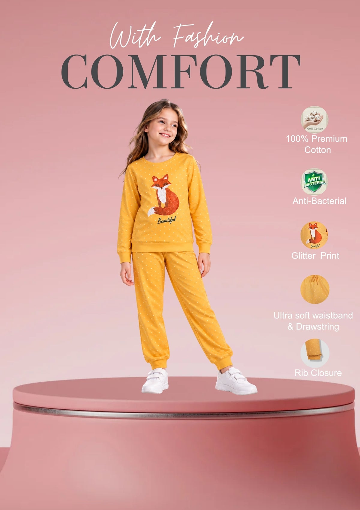 Soft Cotton Pyjama Set for Girls ( 1 Set) |  Anti-Bacterial Chemical Free Nightwear | Ages 2-16Y